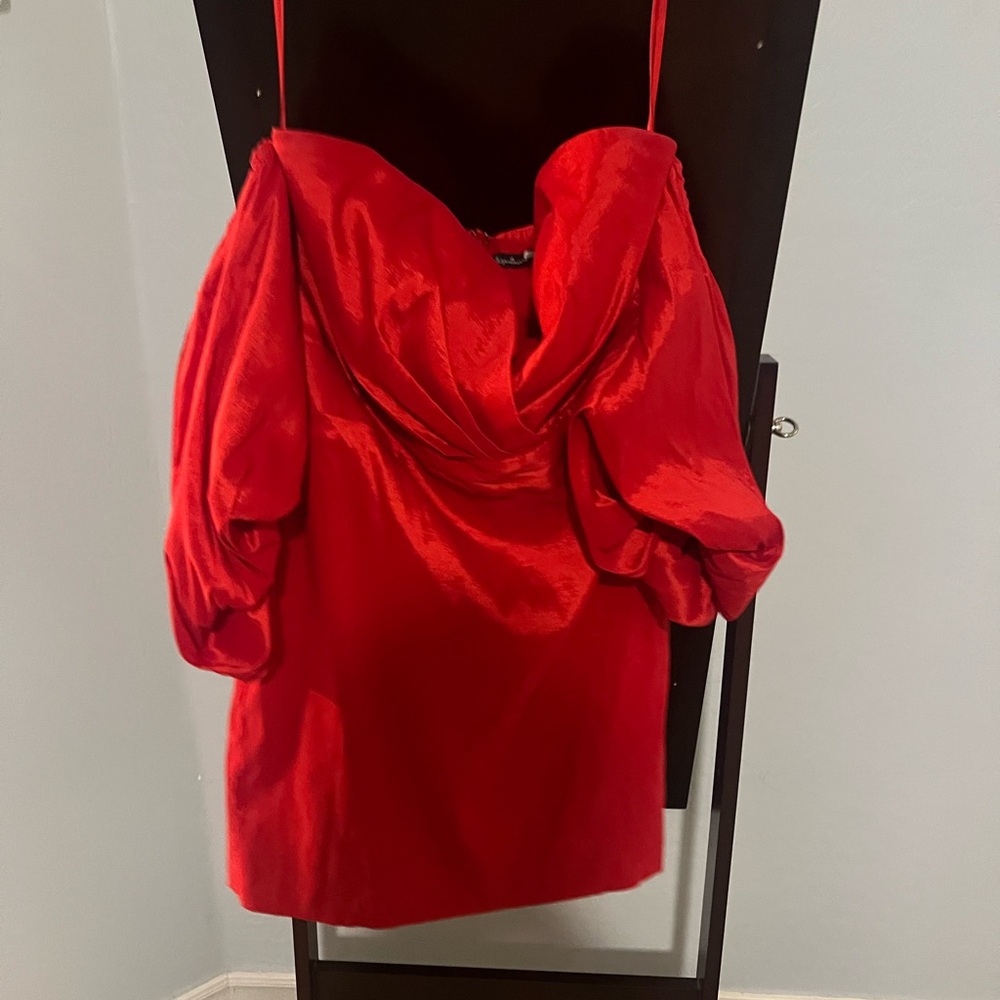 Off-Shoulder Red Mini Dress with Draped Neckline